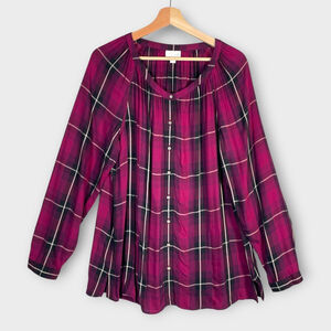 J Jill Button Up Top Blouse LARGE Plaid, Boho Casual, Romantic Grunge, EUC